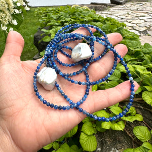 Blue Kyanite & Large Baroque Pearls Lariat Necklace, 48"