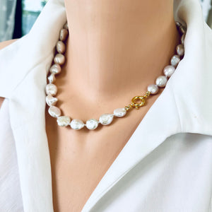 White Coin Pearl Necklace & GV Marine Clasp, 18"