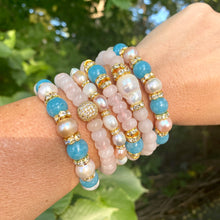 Load image into Gallery viewer, Vibrant Blue Sponge &amp; Rose Quartz Stretchy Bracelet with Pearls and Sparkly Rhinestones, Sold separately
