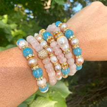 Lade das Bild in den Galerie-Viewer, Vibrant Blue Sponge &amp; Rose Quartz Stretchy Bracelet with Pearls and Sparkly Rhinestones, Sold separately
