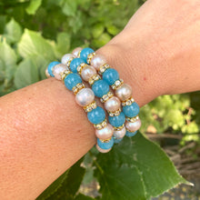 Load image into Gallery viewer, Vibrant Blue Sponge &amp; Rose Quartz Stretchy Bracelet with Pearls and Sparkly Rhinestones, Sold separately
