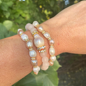 Vibrant Blue Sponge & Rose Quartz Stretchy Bracelet with Pearls