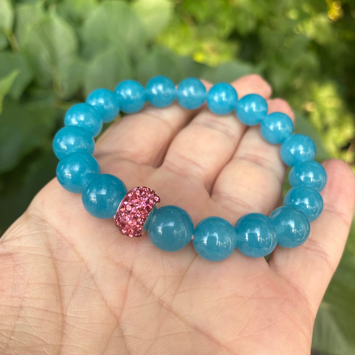 Vibrant Blue Sponge & Rose Quartz Stretchy Bracelet with Pearls and Sparkly Rhinestones, Sold separately