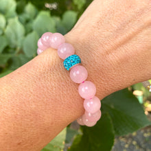 Load image into Gallery viewer, Vibrant Blue Sponge &amp; Rose Quartz Stretchy Bracelet with Pearls and Sparkly Rhinestones, Sold separately
