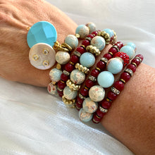 Load image into Gallery viewer, Pale Blue &amp; Deep Red Stretchy Bracelets, Opal Sediment Jasper, Red Agate, Pearl and Turquoise Charms
