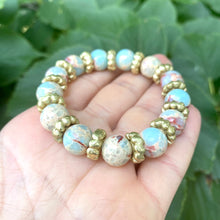 Load image into Gallery viewer, Pale Blue &amp; Deep Red Stretchy Bracelets, Opal Sediment Jasper, Red Agate, Pearl and Turquoise Charms
