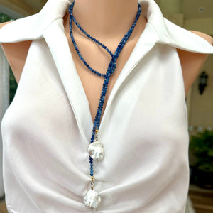 Blue Kyanite & Large Baroque Pearls Lariat Necklace, 48"