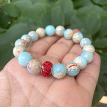 Load image into Gallery viewer, Pale Blue &amp; Deep Red Stretchy Bracelets, Opal Sediment Jasper, Red Agate, Pearl and Turquoise Charms
