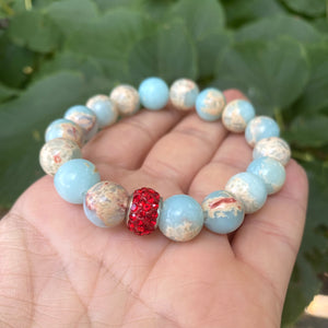 Pale Blue & Deep Red Stretchy Bracelets, Opal Sediment Jasper, Red Agate, Pearl and Turquoise Charms