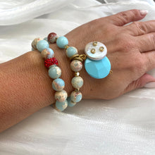 Carica l&#39;immagine nel visualizzatore di Gallery, Pale Blue &amp; Deep Red Stretchy Bracelets, Opal Sediment Jasper, Red Agate, Pearl and Turquoise Charms
