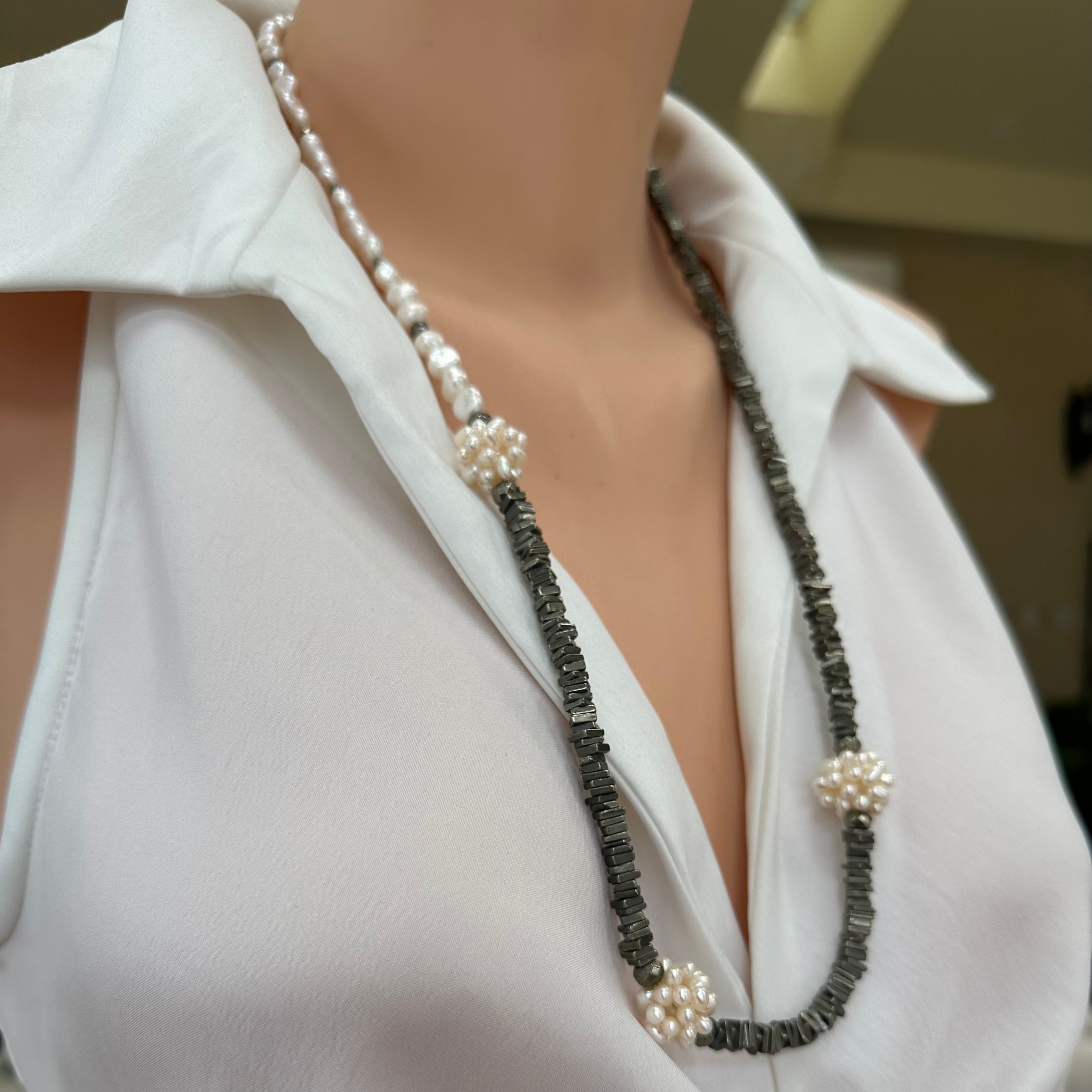 Asymmetric Pyrite & Pearl Necklace