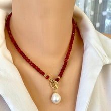 Load image into Gallery viewer, Carnelian toggle necklace with a pearl charm
