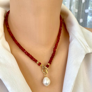 Carnelian toggle necklace with a pearl charm