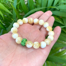 Load image into Gallery viewer, Honey Jade Stretch Bracelet with Green Rhinestones Pave Bead in Middle
