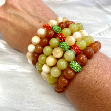 Load image into Gallery viewer, delightful combination of gemstones in Halloween-themed colors. Red Aventurine, Honey Jade, and Olive Jade
