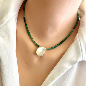 16.5-inch Gold Filled Necklace with Shaded Green Onyx and Keshi Pearl Accents