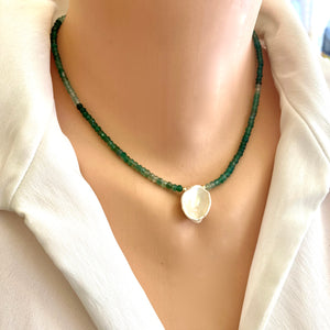 Minimalist Short Beaded Necklace featuring Shaded Green Onyx and Lustrous Keshi Pearl, 16.5 inches