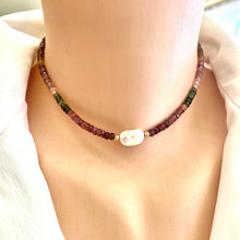 Cargar imagen en el visor de la galería, Tourmaline Collar Necklace w Freshwater Pearl, Gold Filled Details, 13&quot;in
