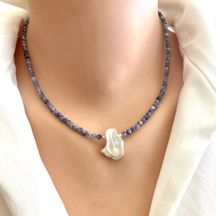 Blue Sodalite and White Keshi Pearl Minimalist Necklace, Sterling Silver, 17