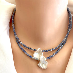 Blue Sodalite and White Keshi Pearl Minimalist Necklace, Sterling Silver, 16"or 17"inches Short