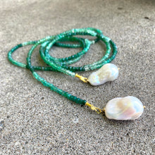 Lade das Bild in den Galerie-Viewer, Single Strand Of Green Onyx Rondelle Beads &amp; Two Baroque Pearls Lariat Wrap Necklace
