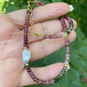 Tourmaline Collar Necklace w Freshwater Pearl, Gold Filled Details, 13"in