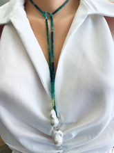 Carica l&#39;immagine nel visualizzatore di Gallery, 42&quot;inches, Single Strand Of Green Onyx Rondelle Beads &amp; Two Baroque Pearls Lariat Wrap Necklace
