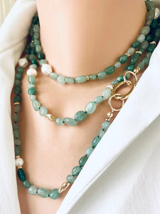 Long Layering Gemstone Necklace - Handmade with Green Aventurine, Pearls & Gold Plated Details
