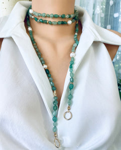 Unique Hand-Knotted Necklace - Baroque Green Aventurine, Fresh Water Pearls & Gold Plated Accents - Gift For Her