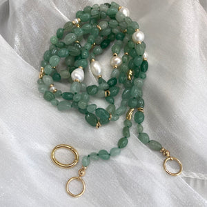 Long Layering Gemstone Necklace - Handmade with Green Aventurine, Pearls & Gold Plated Details