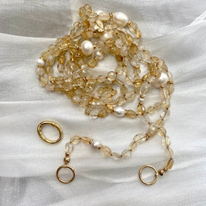 Hand Knotted Baroque Golden Citrine & Freshwater Pearl Necklace, 61 'inches, Gold Plated