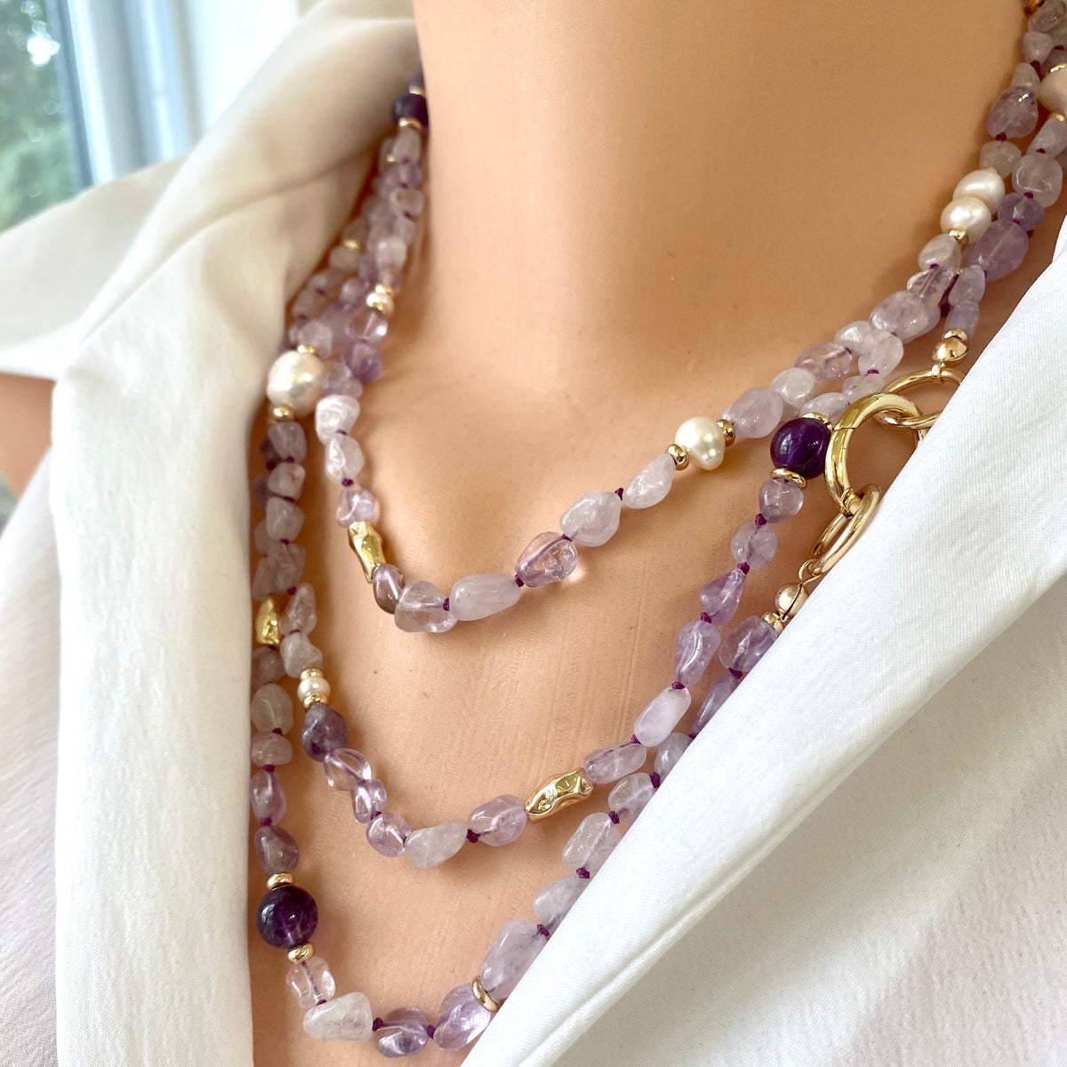 Lavender Amethyst & Freshwater Pearl Layering Necklace, 61 'in,