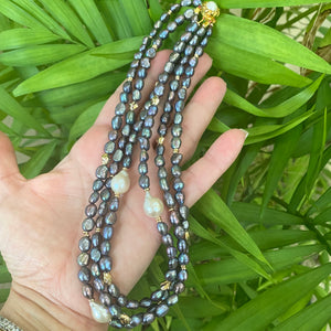 3 Strands Layered Black Pearl Necklace with White baroque pearls, gold plated, 16"inches