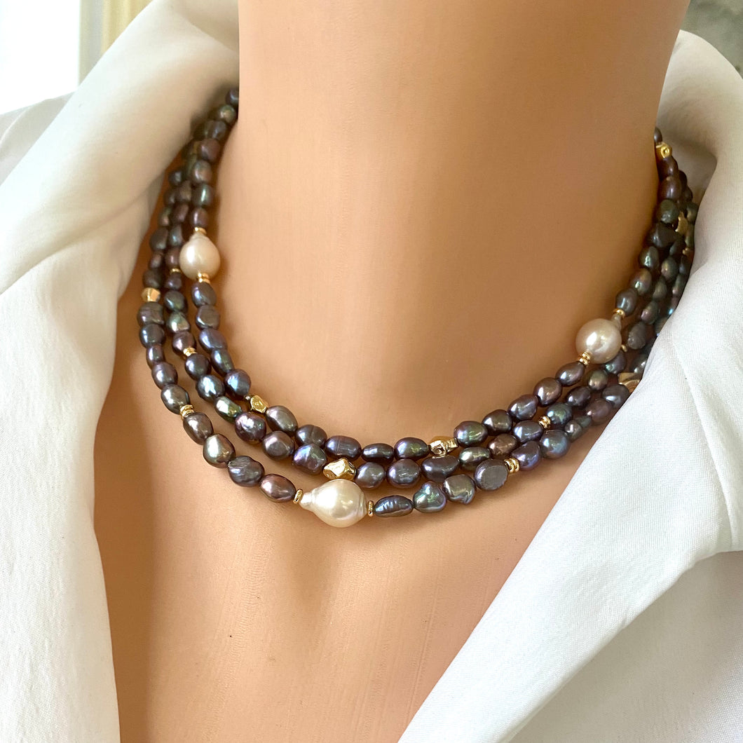 3 Strands Layered Black Pearl Necklace with White baroque pearls, gold plated