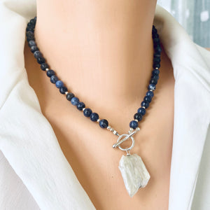 Blue Sodalite Toggle Necklace with Square Shape Keshi Pearl Pendant, Sterling Silver Details, 17"inches