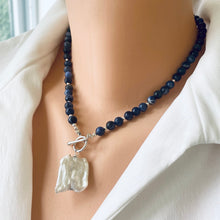Cargar imagen en el visor de la galería, Blue Sodalite Toggle Necklace with Square Shape Keshi Pearl Pendant, Sterling Silver, 17&quot;inches
