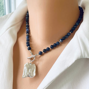 Blue Sodalite Toggle Necklace with Square Shape Keshi Pearl Pendant, Sterling Silver, 17"inches