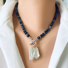 Cargar imagen en el visor de la galería, Blue Sodalite Toggle Necklace with Square Shape Keshi Pearl Pendant, Sterling Silver, 17&quot;inches
