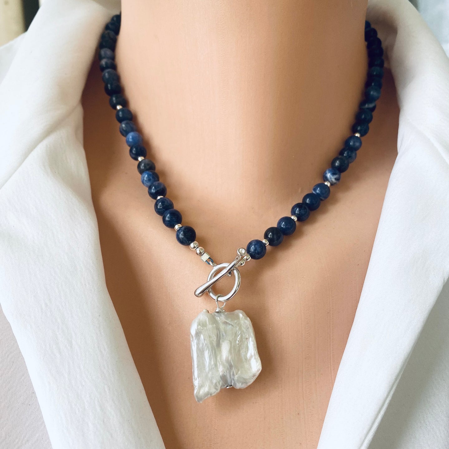 Blue Sodalite Toggle Necklace with Square Shape Keshi Pearl Pendant, Sterling Silver, 17