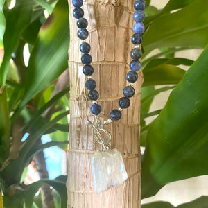 Blue Sodalite Beaded Necklace with Square Shape Keshi Pearl Pendant, Sterling Silver Toggle Clasp, 17"inches