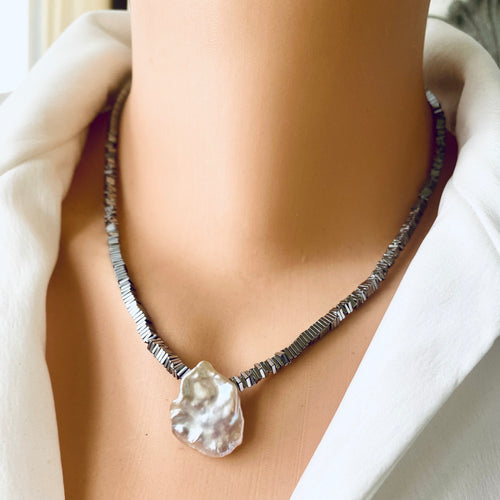 Silver Coated Hematite Square Heishi Beads with Large Keshi Pearl Short Necklace, 18