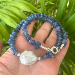 Blue Kyanite & Baroque Pearl Necklace, Silver Marine Clasp, 18.5" – Handmade in Canada