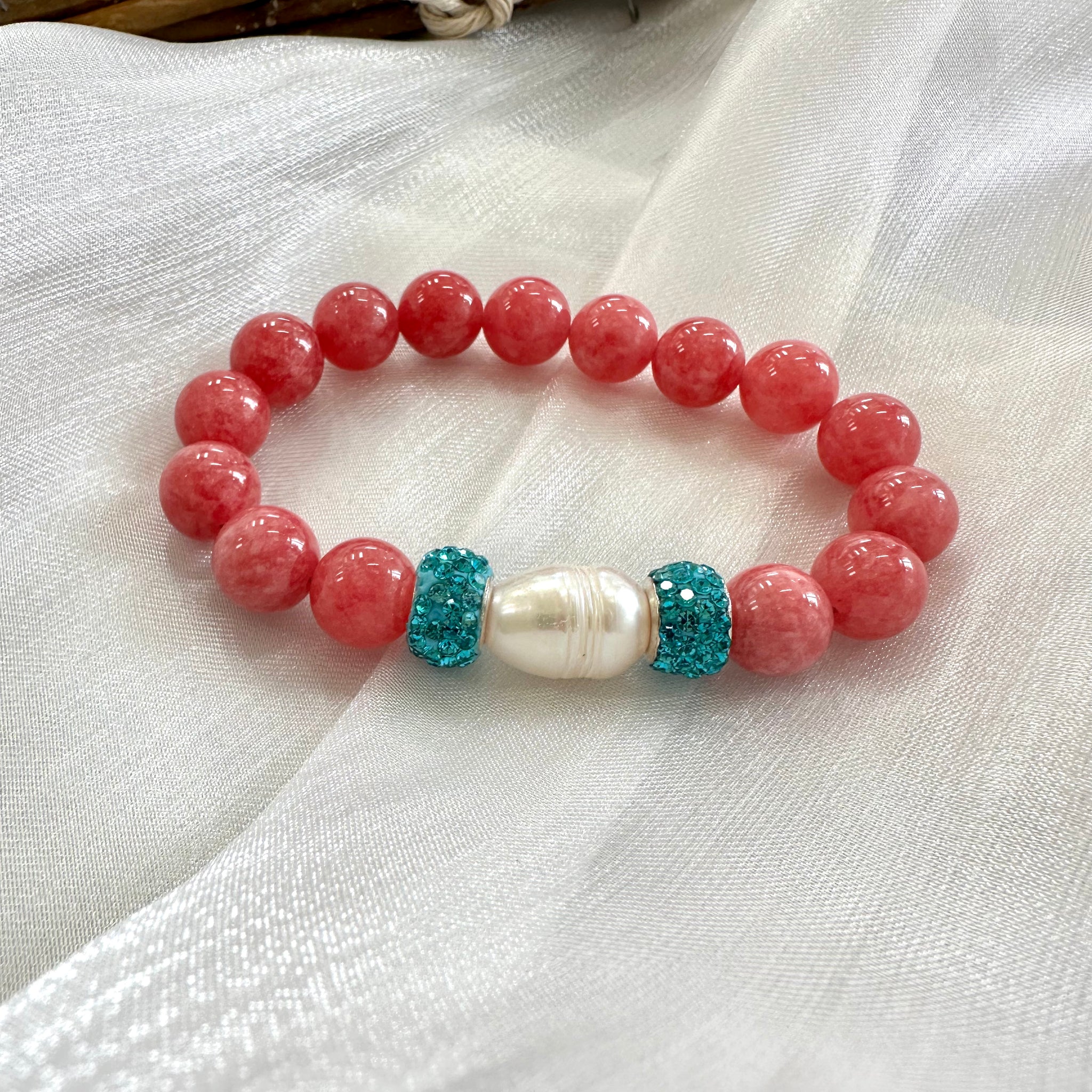 Chunky Red Jade Bracelet Sparkly Blue or Green Rhinestones Stretchy Loulia Pearl Jewelry