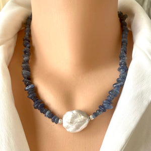 Blue Kyanite & Baroque Pearl Necklace, Silver Marine Clasp, 18.5" – Handmade in Canada