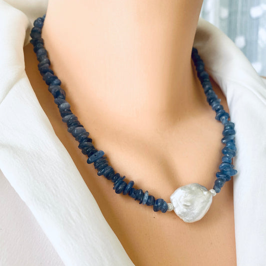 Blue kyanite pearl necklace worn on mannequin, front close-up