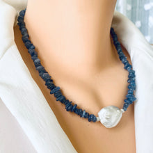 Cargar imagen en el visor de la galería, Blue Kyanite Chips and Freshwater Baroque Pearl Necklace, Silver Marine Clasp &amp; Beads, 18.5&quot;inches
