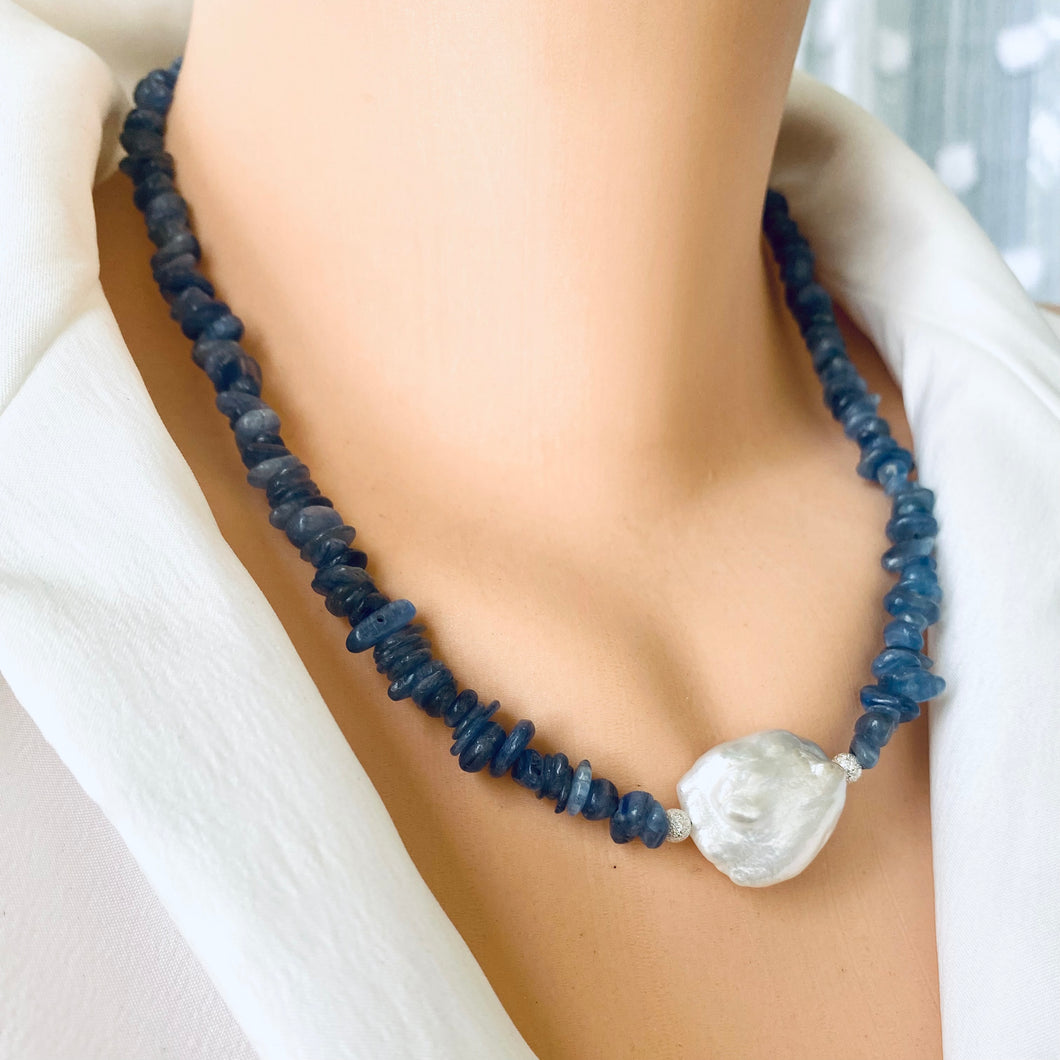 Blue Kyanite Chips and Freshwater Baroque Pearl Necklace, Silver Marine Clasp & Beads, 18.5
