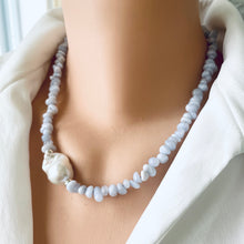 Charger l&#39;image dans la galerie, Everyday Necklace Blue Lace Agate Nugget Beads Necklace with baroque Pearl on the Side
