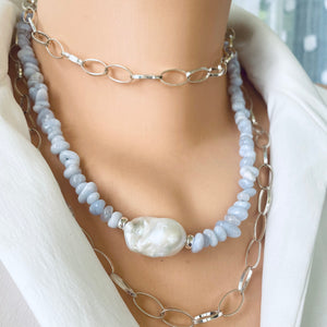 Layering Necklace, Blue Lace Agate Nugget Beads Necklace, 18.5"inches