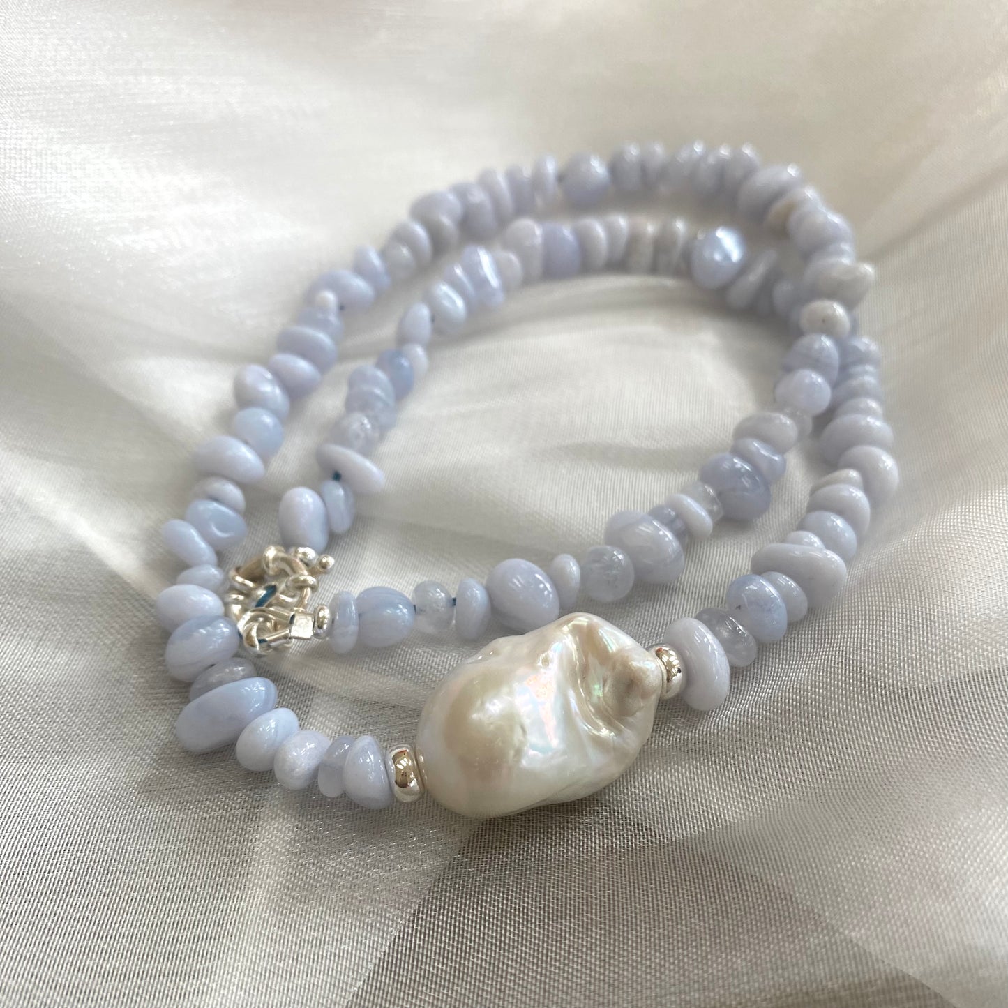 Blue lace agate pearl necklace handmade in Canada